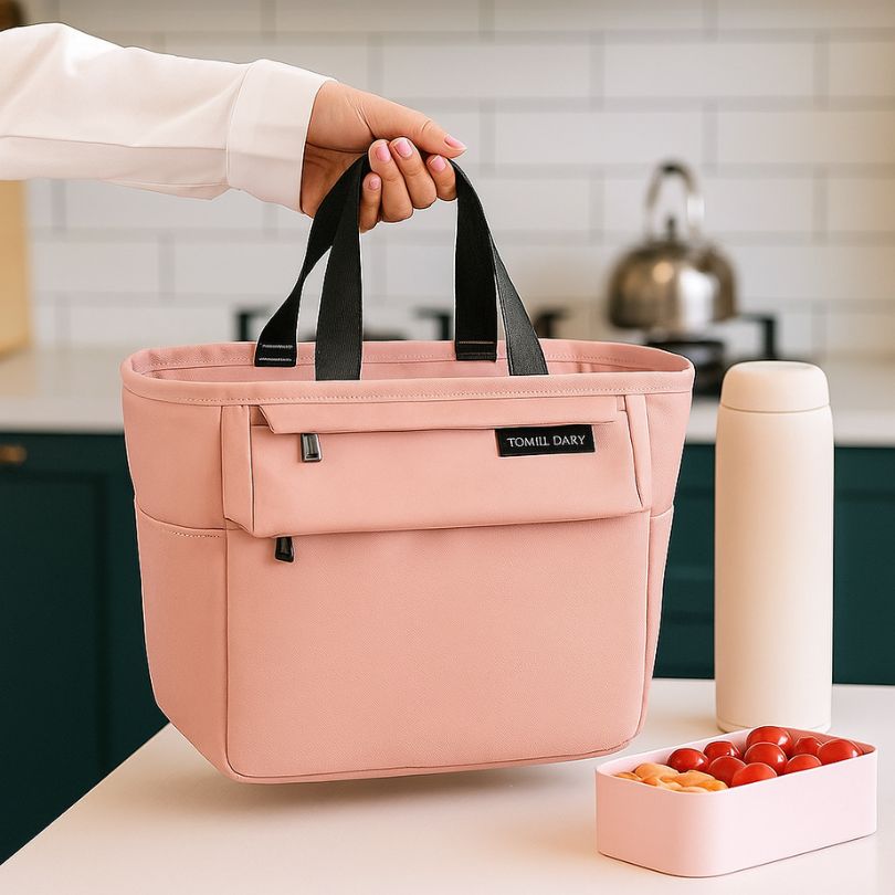 femme qui tient par la anse ergonomique un sac à lunch box rose