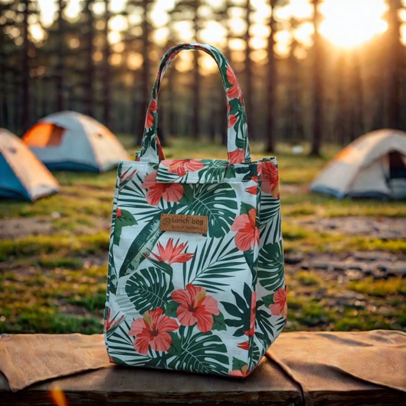 sac-à-repas-isotherme-vert-avec-fleurs-en-camping-exterieur