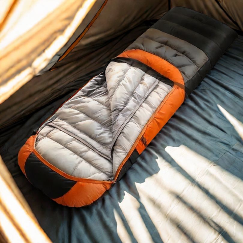 sac-de-couchage-orange-et-noir-dans-une-tente