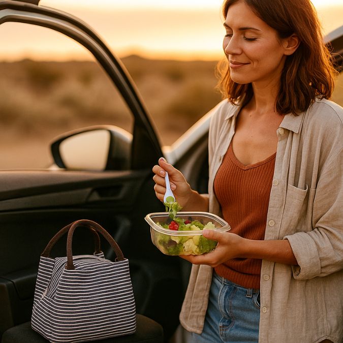 femme près de son auto qui amnge un repas frais de sa lunch box