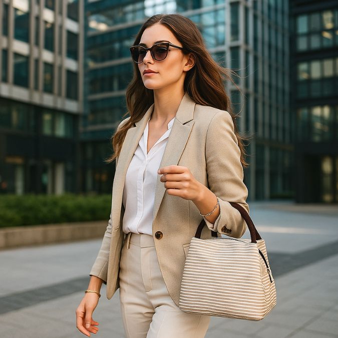 femme en ville transportant un sac gamelle beige sur son bras