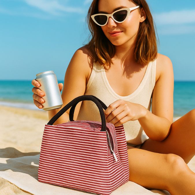 femme sur plage avec sac gamelle rouge
