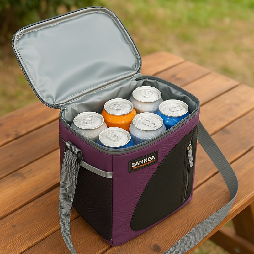 un sac glaciere violet avec plusieurs canettes froides
