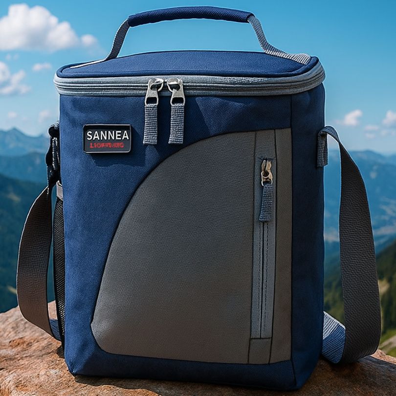 un sac glaciere bleu au soleil au sommet montagne