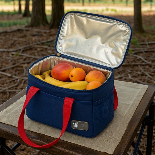 un sac glaciere ouvert sur une table de camping