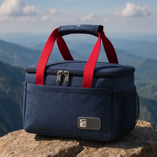 présentation d'un petit sac glaciere bleu et rouge sur un rocher en plein air