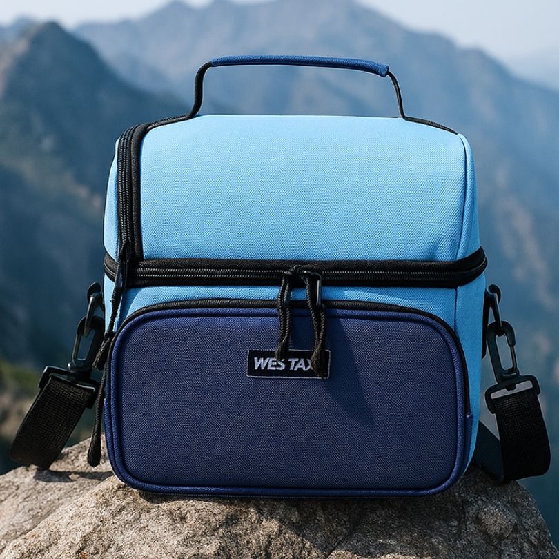 sac glacière bleu et bleu pale près de montagne