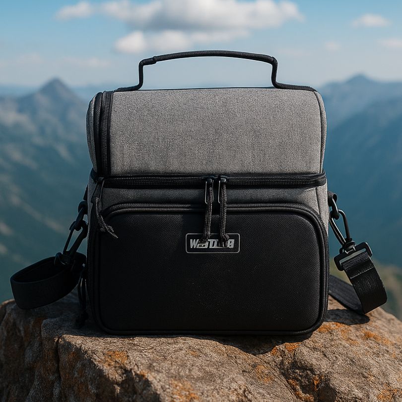 sac glacière noir et gris présenté sur un rocher
