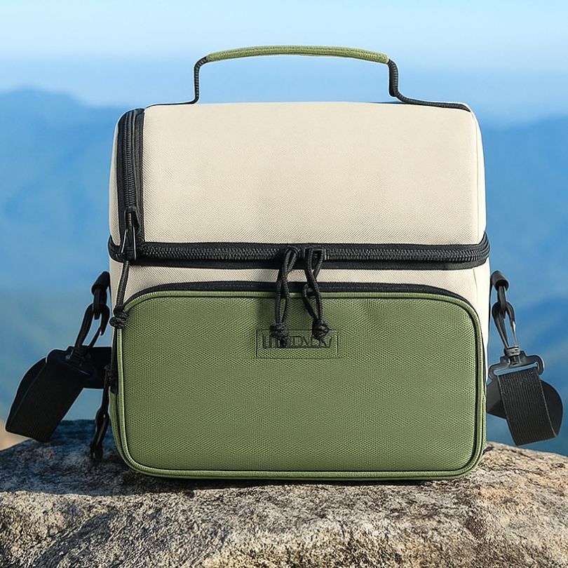 présentation d'un sac glacière vert et blanc en plein air