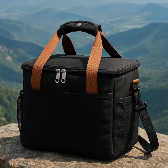 présentation d'un sac glaciere noir au soleil sur un rocher en montagne