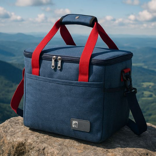 présentation de sac glaciere bleu sur un rocher au sommet d'une montagne