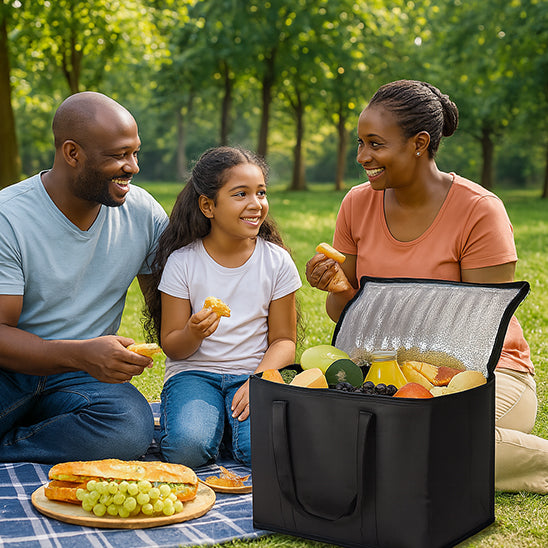 famille en pique-nique avec nourriture fraiche avec sac glaciere isotherme