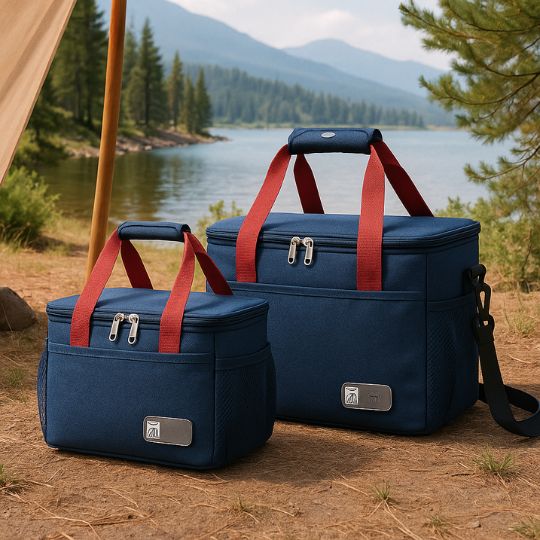 présentation de deux sac glaciere cote a cote sur un terrain de camping près d'un lac