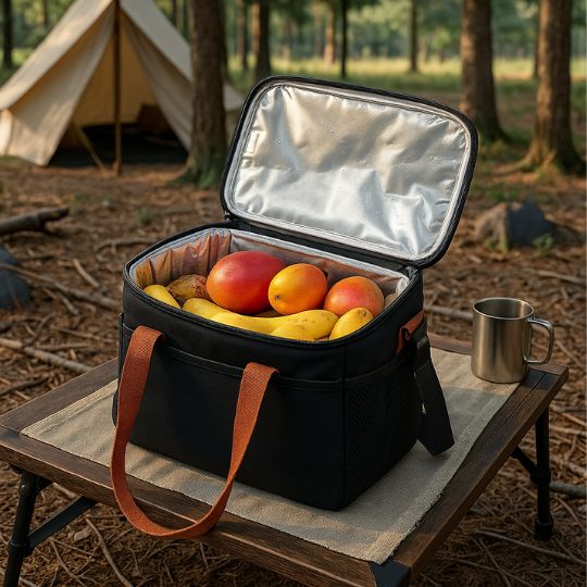 présentation d'un sac glaciere noir ouvert sur une table en camping