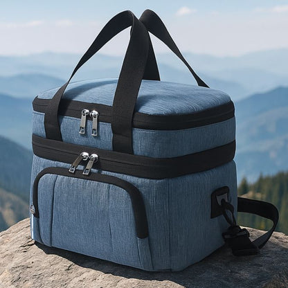sac isotherme bleu double étage sur un rocher au sommet d'une montagne