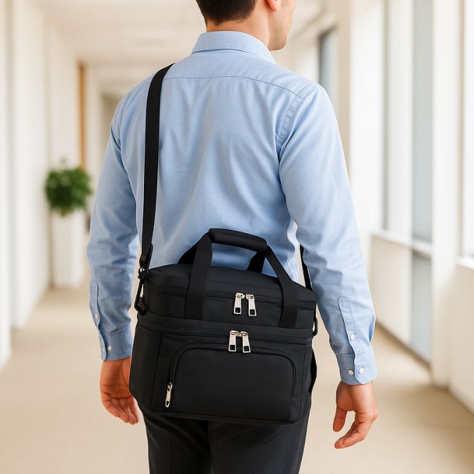 homme au bureau avec sac isotherme noir en bandoulière