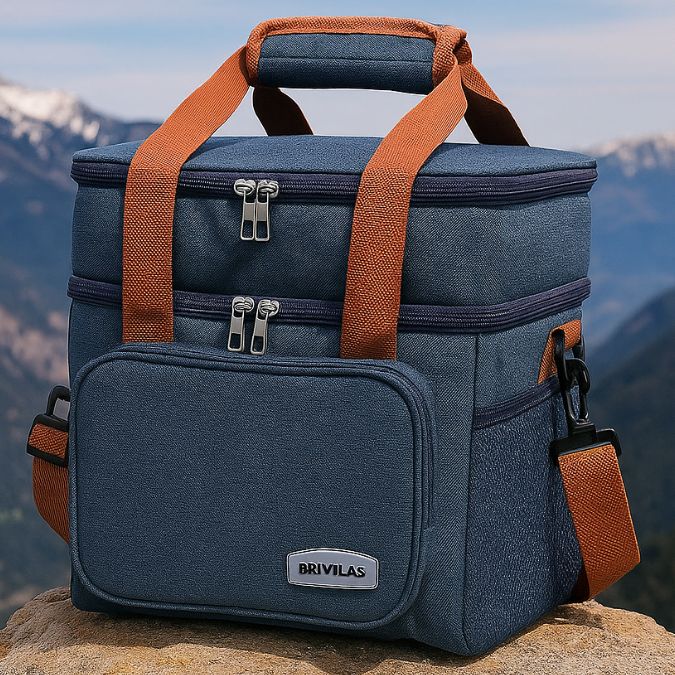 présentation d'un sac isotherme bleu sur une rocher au soleil