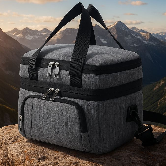 présentation d'un sac isotherme gris sur un rocher en pleine nature avec des montagnes