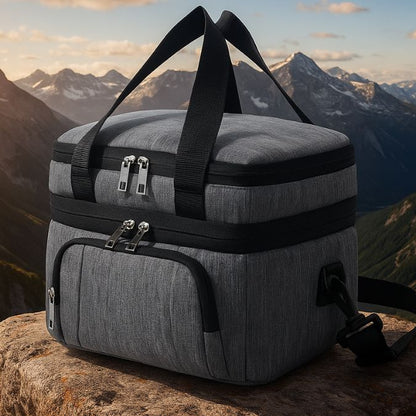 présentation d'un sac isotherme gris sur un rocher en pleine nature avec des montagnes
