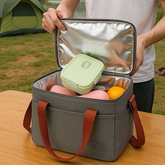 une femme qui ouvre un sac isotherme repas gris en camping. le sac est plein de lunch box
