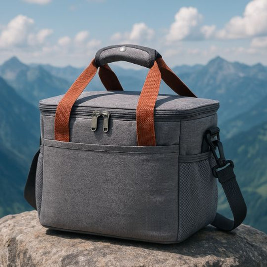 présentation d'un sac isotherme repas sur un rocher en plein air