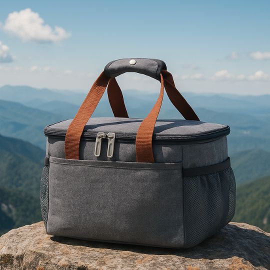 présentation d'un sac isotherme repas gris sur un rocher