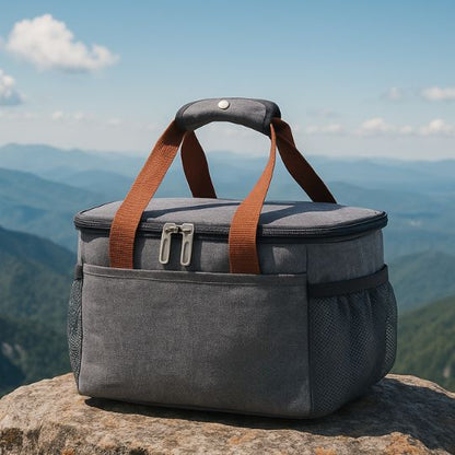 présentation d'un sac isotherme repas gris sur un rocher