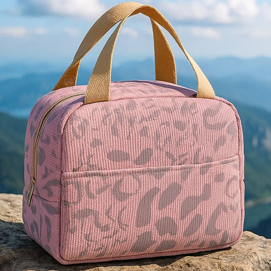 présentation d'un sac isotherme rose sur un rocher au sommet d'une montagne