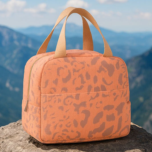 présentation d'un sac isotherme rouge en extérieur sur un rocher