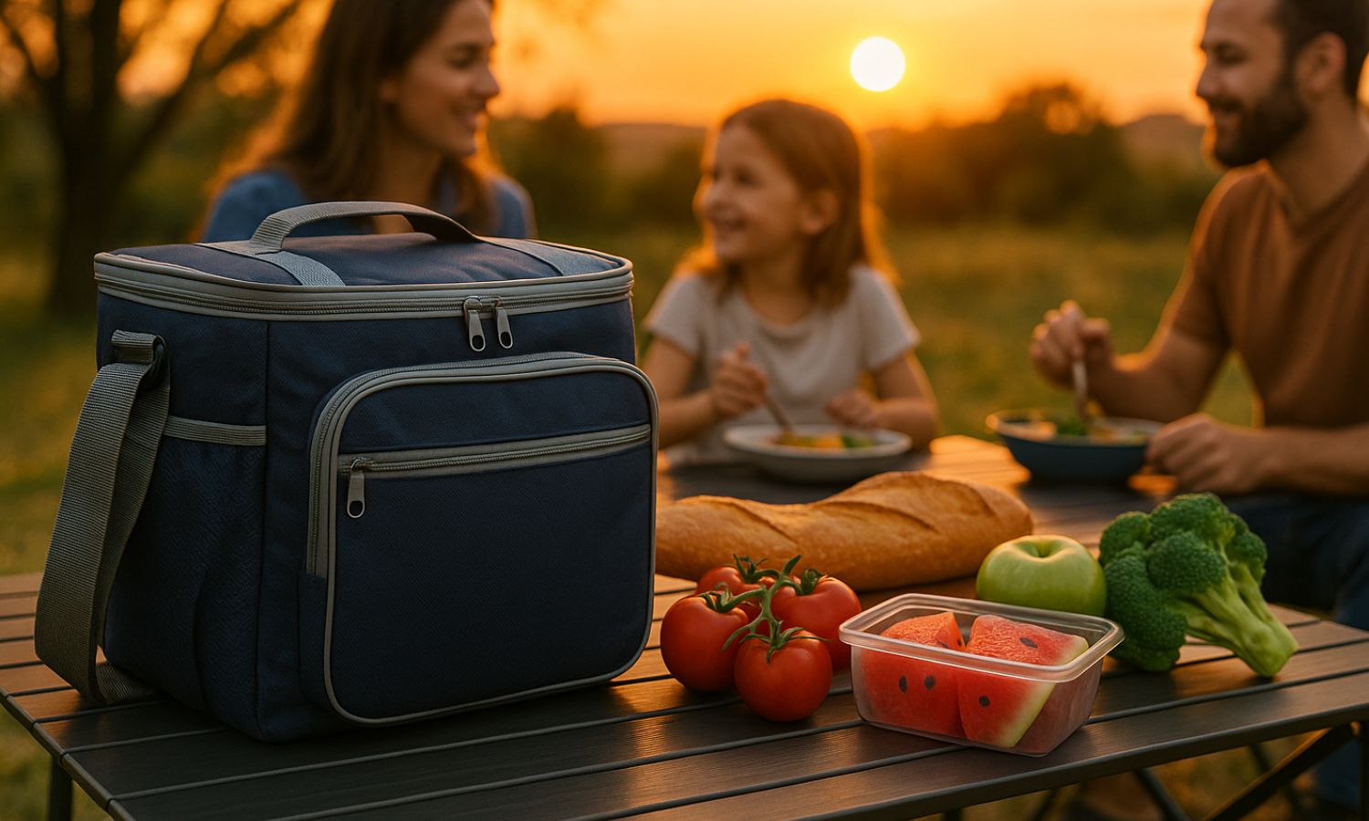 présentation d'un sac isotherme sur une table en plein air avec une famille qui mange un repas