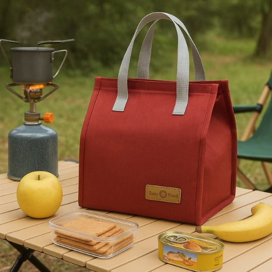Un sac lunch box rouge avec d'autres aliments sur une table prêt pour le dîné