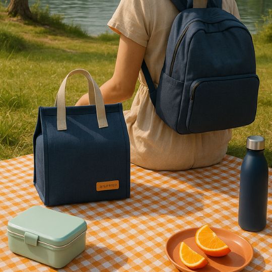 sac lunch box sur un tapis de camping carottée sur le bord de la rivière