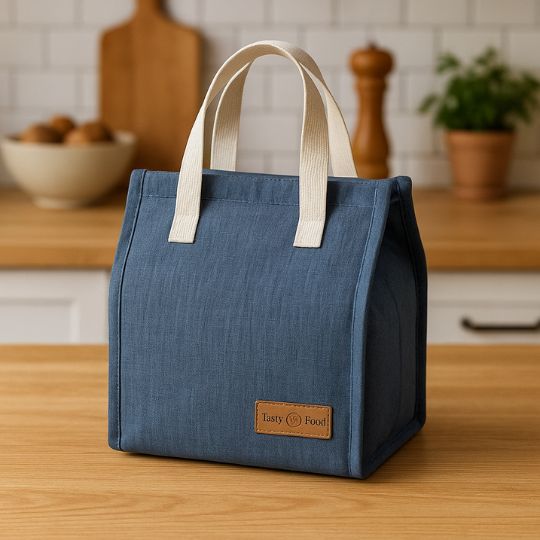 un sac lunch box bleu sur le comptoir de la cuisine