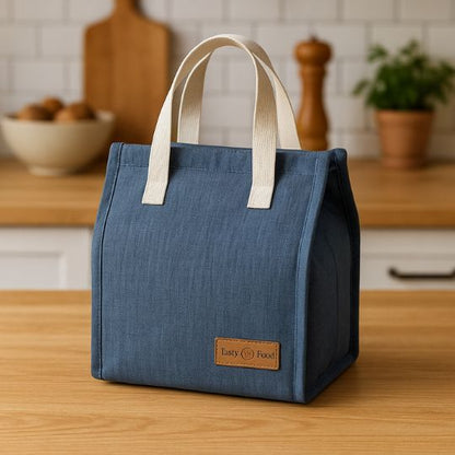 un sac lunch box bleu sur le comptoir de la cuisine