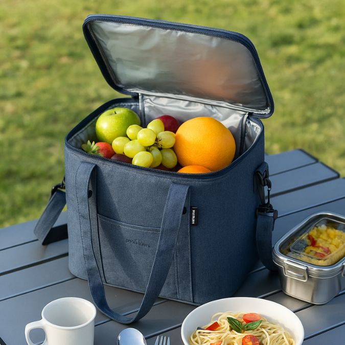 un sac pique nique bleu sur une table de camping en extérieur