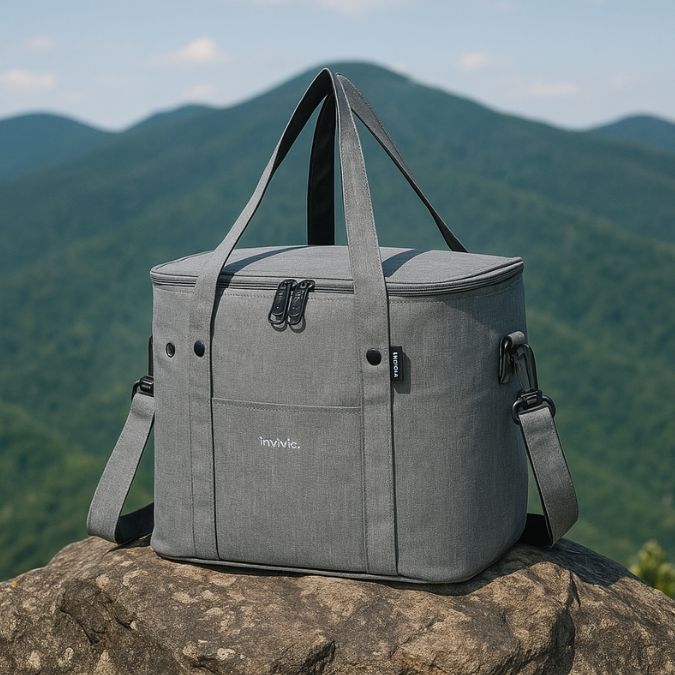 présentation sac pique nique gris sur un rocher en montagne