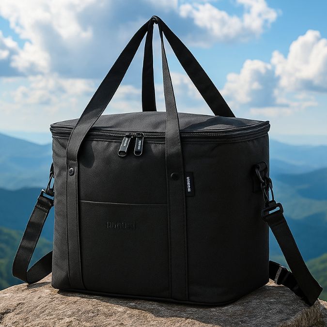 présentation d'un sac pique nique noir sur un rocher en montagne