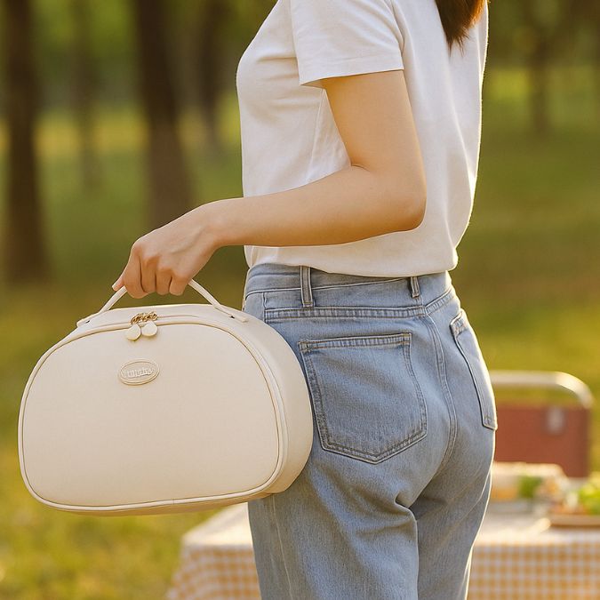 femme tenant un sac pour gamelle dans sa main en plein air