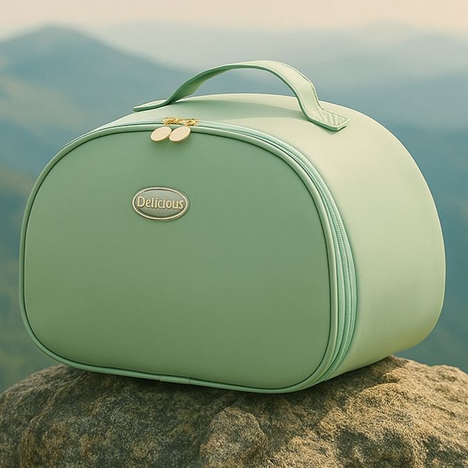 présentation d'un sac pour gamelle vert sur un rocher