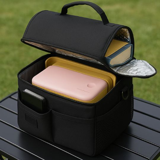 présentation d'un sac repas isotherme noir ouvert avec une gamelle repas