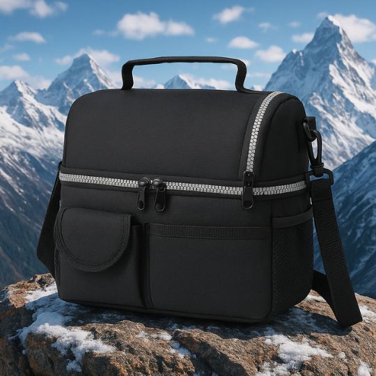 un sac repas isotherme noir sur un rocher en montagne