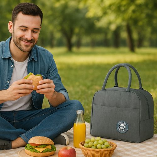 homme qui mange sandwich fraiche grâce à son sac isotherme