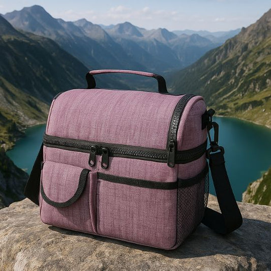 présentation d'un sac repas isotherme sur un rocher au sommet d'une montagne