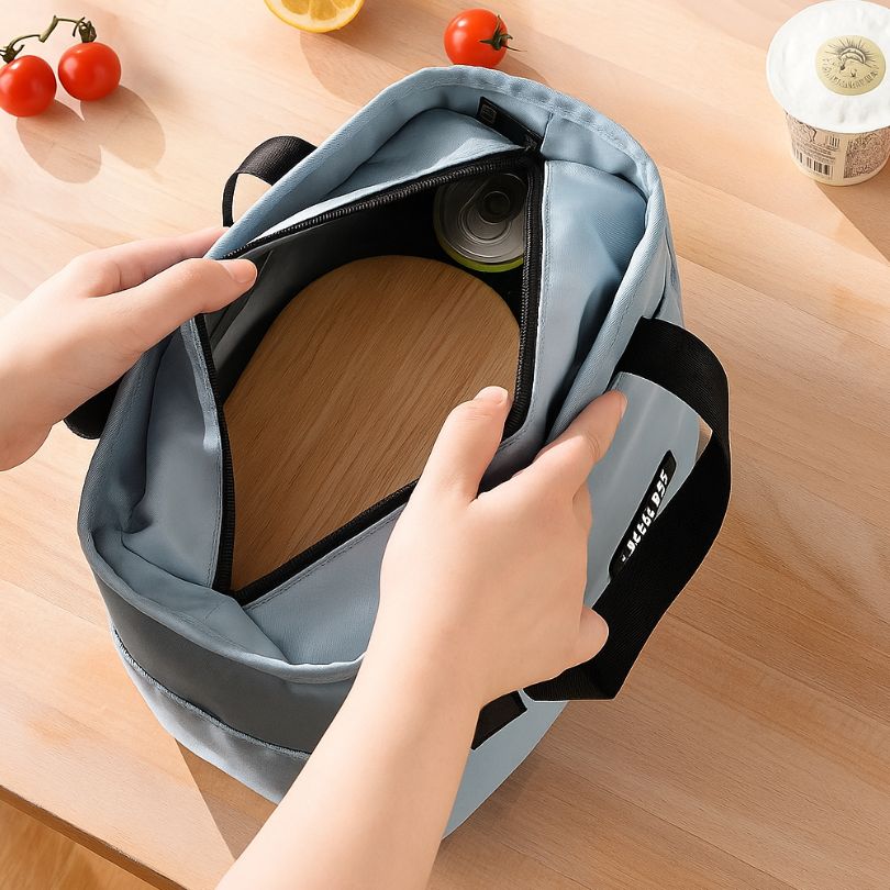 personne qui ouvre son sac thermique pour prendre sa lunch box