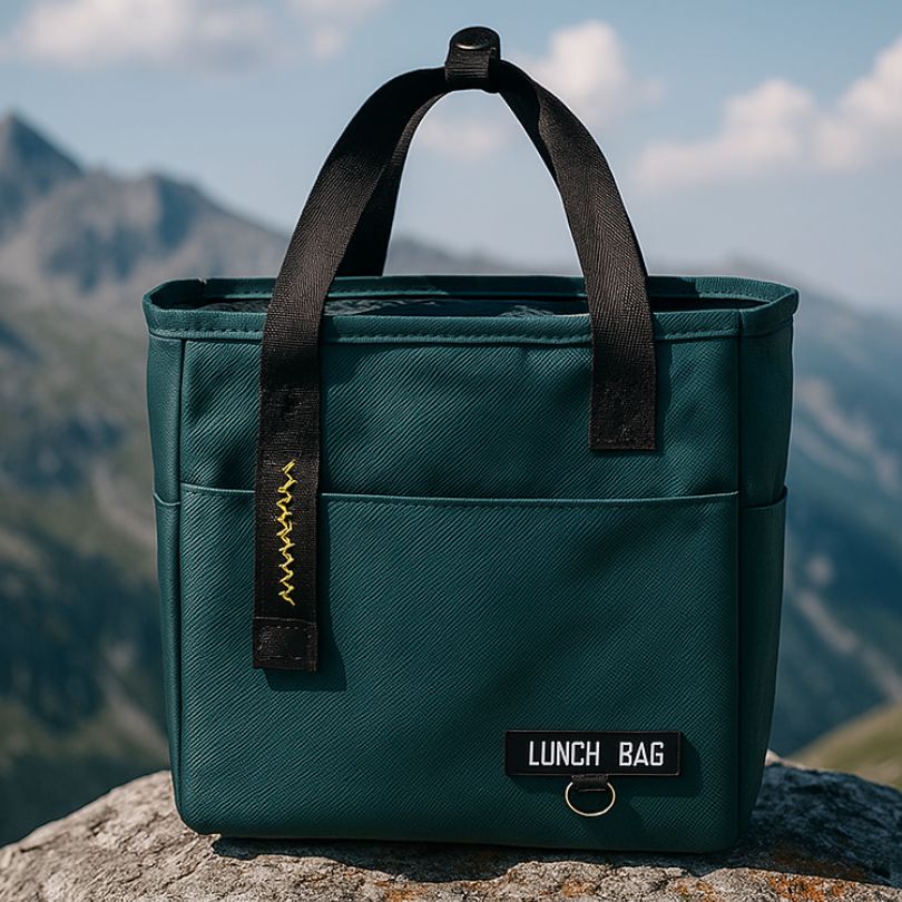 présentation d'un sac thermique vert sur un rocher