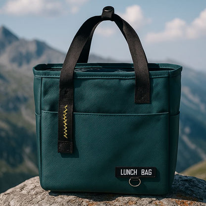 présentation d'un sac thermique vert sur un rocher