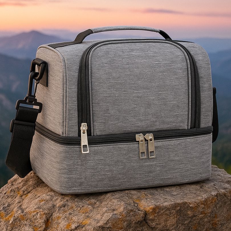 présentation d'un sac thermo gris sur un rocher