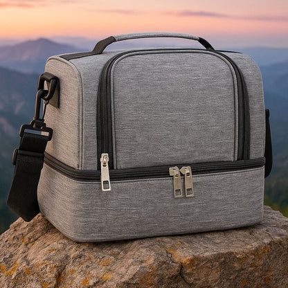 présentation d'un sac thermo gris sur un rocher