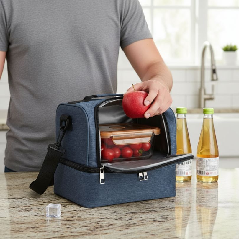 homme qui mets une pomme dans un sac thermo bleu double compartiment