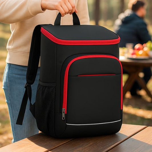 Femme qui dépose un sac a dos isotherme rouge et noir sur une table pique-nique au soleil